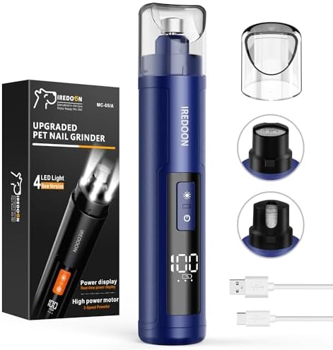 IREDOON Dog Nail Grinder Upgraded - Professional 3-Speed Super Quiet and Low Vibration Electric Pet Nail Grinder with 4 LED Lights - Painless Paws Grooming & Smoothing for Small to Large Dogs (Blue)