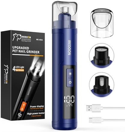 IREDOON Dog Nail Grinder Upgraded - Professional 3-Speed Super Quiet and Low Vibration Electric Pet Nail Grinder with 4 LED Lights - Painless Paws Grooming & Smoothing for Small to Large Dogs (Blue)