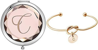 Compact Crystal Pocket Makeup Mirrors Set - Letter Mirror and Love Knot Bracelets for Bachelorette Party, Bridesmaid Proposal, Wedding Gifts (Champagne-B)