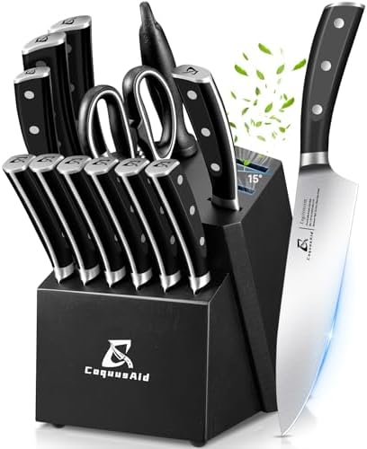Knife Set with Block, Kitchen Chef Knives Set with Sharpener, Stainless Steel Knife Block Set, 6 Pcs Steak Knife Set Serrated, German Dishwasher Safe, Beveled Design Brown 15 Pieces