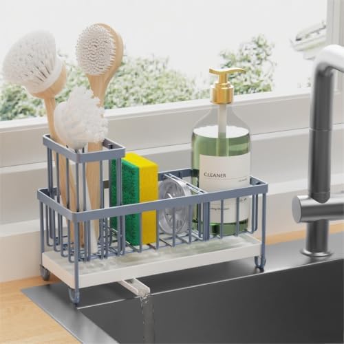 Cisily Sponge Holder for Kitchen Sink, Sink Caddy with High Brush Holder, Organzier Rustproof 304 Stainless Steel Dish Organizer Divider, Soap Dispenser Storage (Black)