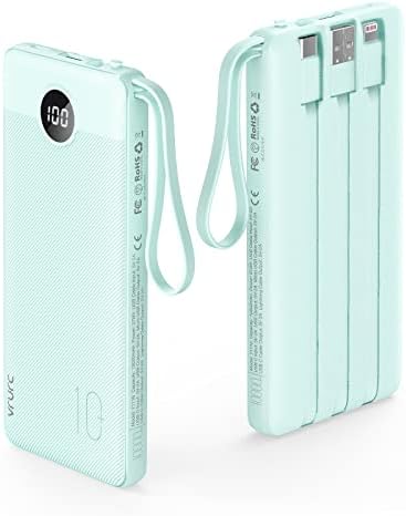 VRURC 10000mAh Power Bank Built-in Cables, Portable Charger with LED Display, Slim Intelligent Travel Battery Pack with Cords, 5 Output Dual Input Phone Charger for Cell Phone Smart Devcies-Blue