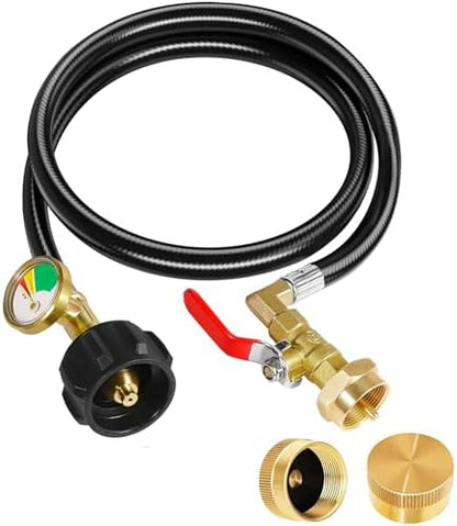 Propane Refill Adapter 20lb to 1lb Camping, Upgrade 3FT/36inch Propane Tank Refill Adapter Hose with Guage and ON-Off Control Valve, 2 Bottle Caps Included (PVC)