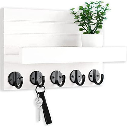 Lwenki Key Holder for Wall, Decorative Key and Mail Holder with Shelf Has Large Key Hooks for Bags, Coats, Umbrella – Paulownia Wood Key Hanger with Mounting Hardware (Black)