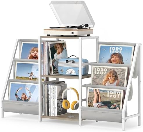 Record Player Stand with Vinyl Storage, Record Player Table with Record Storage 200 Albums, Turntable Stand with Record Holder Vinyl Display Shelf, Record Cabinet Media Stereo (White) - PuriLite