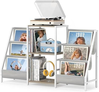 Record Player Stand with Vinyl Storage, Record Player Table with Record Storage 200 Albums, Turntable Stand with Record Holder Vinyl Display Shelf, Record Cabinet Media Stereo (White) - PuriLite