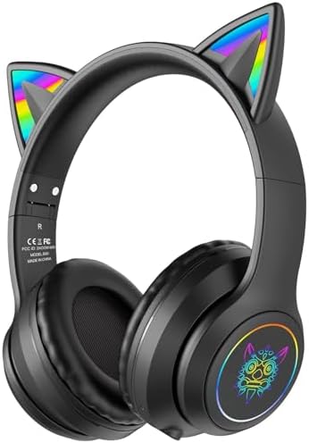 Bluetooth Cat Ear Headphones for Kids & Adults, Wireless Wired Dual Channel, SIMGAL Foldable Over-ear Headsets with RGB Lights, Control Volume & Built-in Mic, For Cell Phones/PC/Tablet/Laptop (A Pink)