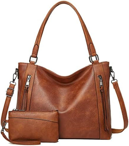 Hobo Bags for Women Handbags Purse Ladies Boho Shoulder Bag Crossbody Purses PU Leather Brown 2PCS