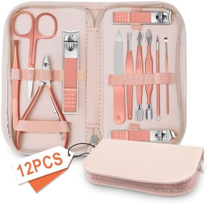 Manicure Pedicure Set, Nail Clipper Set for Men Women, Professional Manicure Kit Pedicure Kit, Nail Care Kit with Green Travel Leather Bag, Set 12 in 1
