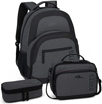 Roots Athletic 3-in-1 Matching Water Resistant Teen Backpack and Lunch Bag Set with Bonus Pencil Case - Made from 100% Recycled Fabrics - 34 litres, Blue Black Navy Camo, XL