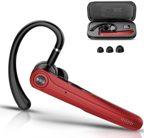 Bluetooth Headset, Wireless Bluetooth Earpiece with ENC Noise Canceling Mic, 120Hrs Talk Single-Ear Headphones, LED Display, IP7 Waterproof Hand-Free Earphone for Business/Trucker/Driver, Red