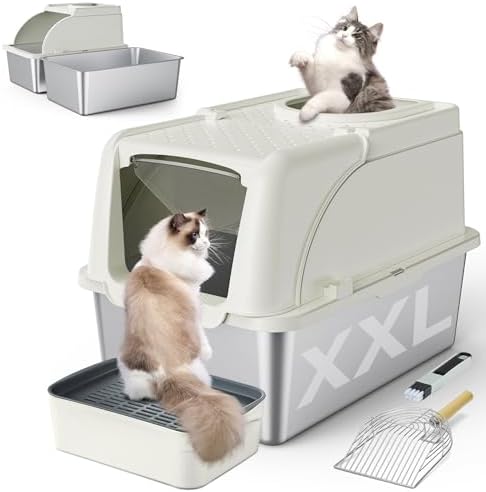Stainless Steel Litter Box, XXL Large Metal Covered Litter Boxes, Dual Entrance Detachable Cat Litter Box with Lid, 16.6'' High Wall Urine Leak Prevention with Cat Litter Scoop (Gray)