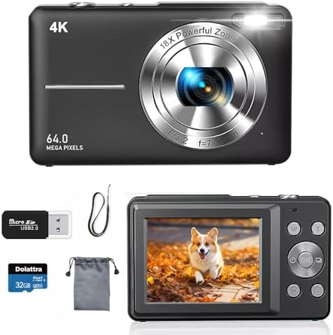 4K Digital Camera for Photography, 64MP Autofocus Vlogging Cam for YouTube, Anti-Shake, 3.0'' LED Screen, 18X Zoom, Pink Point and Shoot Digital Camera for Teens Adult Beginner, 32GB TF Card