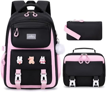 DIGOBAY Girls Backpack, School Backpack for Girls with Lunch Box Pencil Case Set for Teen Kids Girl Elementary Primary Middle High College School Bookbag with Cute Pins Pink