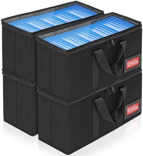 4 Pack-DVD Storage Boxes, PVC Clear Lid, DVD Case Holder Organizer with Index Labels-15.4"x 5.5"x 7.9" DVDs Storage Holder Bags for DVDs, CDs, Video Games, Books, Each Hold up to 25 DVDs Jewel Cases