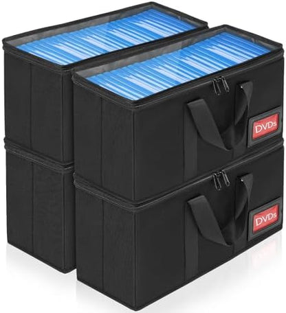 4 Pack-DVD Storage Boxes, PVC Clear Lid, DVD Case Holder Organizer with Index Labels-15.4"x 5.5"x 7.9" DVDs Storage Holder Bags for DVDs, CDs, Video Games, Books, Each Hold up to 25 DVDs Jewel Cases