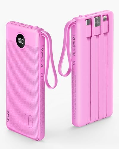 VRURC 10000mAh Power Bank Built-in Cables, Portable Charger with LED Display, Slim Intelligent Travel Battery Pack with Cords, 5 Output Dual Input Phone Charger for Cell Phone Smart Devcies-Blue