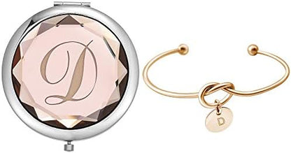 Compact Crystal Pocket Makeup Mirrors Set - Letter Mirror and Love Knot Bracelets for Bachelorette Party, Bridesmaid Proposal, Wedding Gifts (Champagne-B)