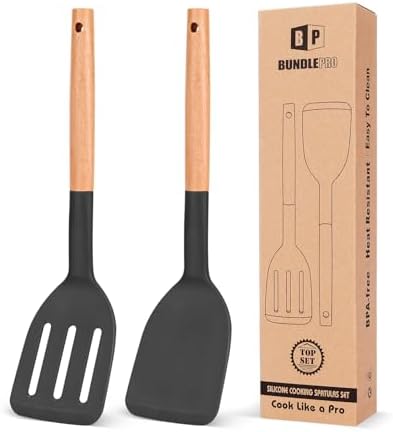 Silicone Cooking Spatula Set | Heat Resistant Turner | Non Stick Kitchen Spatula | Wooden Handle Cooking Tool | Frying Baking Utensils - PuriLite