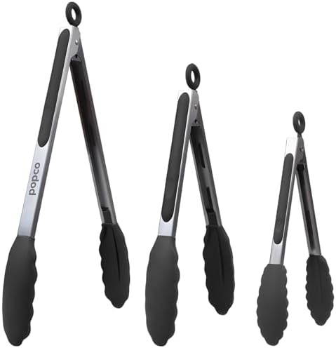 The Original Popco Tongs for Cooking - Set of 3 (7, 9, 12 inches) - Heavy Duty, 304 Stainless Steel BBQ and Kitchen Tongs with Silicone Tips (3 Colors Available)