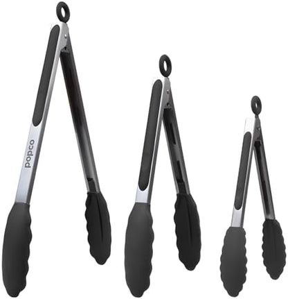 The Original Popco Tongs for Cooking - Set of 3 (7, 9, 12 inches) - Heavy Duty, 304 Stainless Steel BBQ and Kitchen Tongs with Silicone Tips (3 Colors Available)