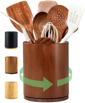 Wooden Utensil Holder | Rotating Utensil Organizer | Kitchen Counter Storage Crock | Farmhouse Countertop Decor | Cooking Utensil Stand - PuriLite
