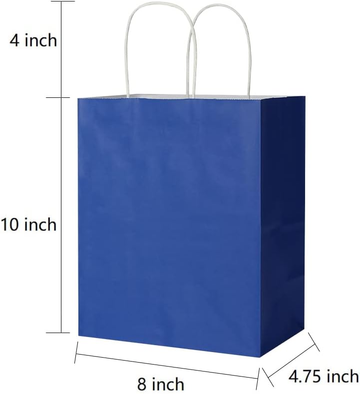 Oikss 100 Pack 8x4.75x10 Inch Medium Royal Blue Kraft Paper Bags with Handles Bulk for Birthday Wedding Party Favors Grocery Retail Shopping Business Goody Craft Gift Bags Sacks, (100pcs Count)