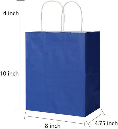 Oikss 100 Pack 8x4.75x10 Inch Medium Royal Blue Kraft Paper Bags with Handles Bulk for Birthday Wedding Party Favors Grocery Retail Shopping Business Goody Craft Gift Bags Sacks, (100pcs Count)