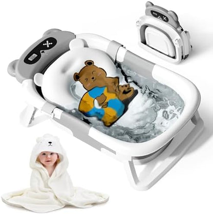 Kerbwry Baby Bathtub for Newborn to Toddler, Baby Bath Tub with Soft Towel and Floating Cushion, Baignoire Pour Bébé, Shower Essentials for Newborn (0-18 Months) Grey