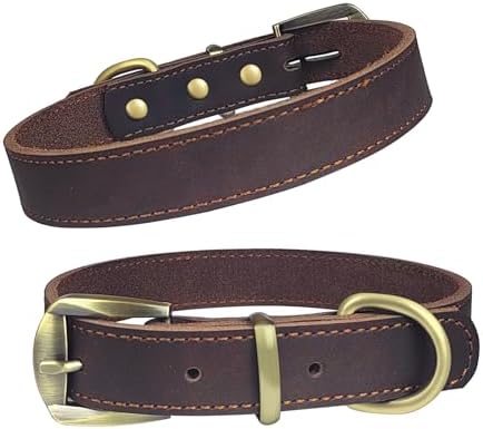 QRDA Leather Dog Collar Brown Dog Training Collar Heavy Duty Premium Leather Dog Collar Dog Collars for Medium/Large Dogs