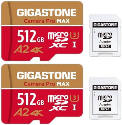[5-Yrs Free Data Recovery] GIGASTONE 512GB Micro SD Card, 4K Camera Pro, A2 V30 for Smartphone, Gopro, Action Cams, 4K UHD Video Recording, R/W up to 150/120 MB/s, UHS-I U3 C10 Class 10 with Adapter