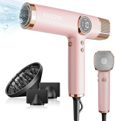 Faszin Hair Dryer, Lightweight Blow Dryer with 110,000 RPM High-Speed for Fast Drying, 200 Million Ionic Hairdryer with Auto-Clean, Low Noise, 3 Magnetic Nozzles for Travel, Salon, Home - Pink