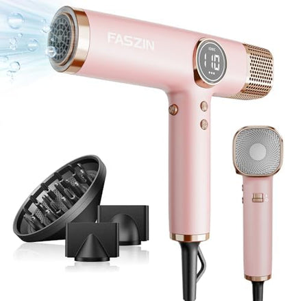 Faszin Hair Dryer, Lightweight Blow Dryer with 110,000 RPM High-Speed for Fast Drying, 200 Million Ionic Hairdryer with Auto-Clean, Low Noise, 3 Magnetic Nozzles for Travel, Salon, Home - Pink