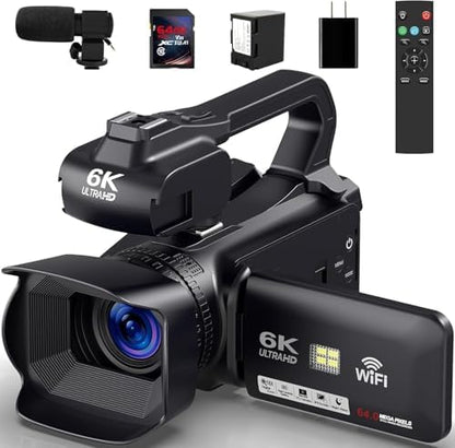 6K Camcorder Video Camera HD 64MP IR Night Vision Vlogging Camera for YouTube 18X Digital Zoom 4.0 Inch Touch Screen Video Camera with WiFi, Microphone, Stabilizer, Remote Control, 64GB SD Card