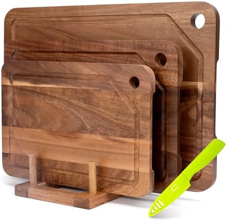 Bamboo Cutting Board for Kitchen, Bamboo Cutting Board Set of 3 with Juice Groove, Double-Sided Chopping Board Serving Board with Hanging Hole for Meat, Vegetables and Cheese