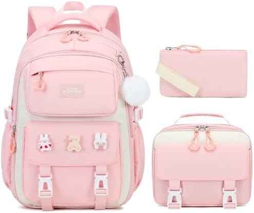 DIGOBAY Girls Backpack, School Backpack for Girls with Lunch Box Pencil Case Set for Teen Kids Girl Elementary Primary Middle High College School Bookbag with Cute Pins Pink