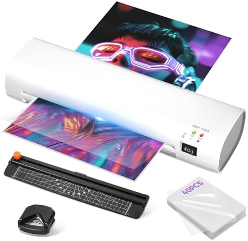 9 Inch Laminator Machine with Never Jam Technology, 40 Laminating Sheets, 4-in-1 A4 Thermal Laminator with Trimmer and Corner Rounder for Office, School, Business and Home Use - White