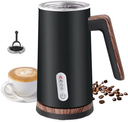 Electric Milk Frother and Steamer, 4-in-1 Milk Steamer with Wood Elements Design, Automatic Hot & Cold Foam Maker for Latte, Cappuccinos, Macchiato, Milk Warmer (Black)