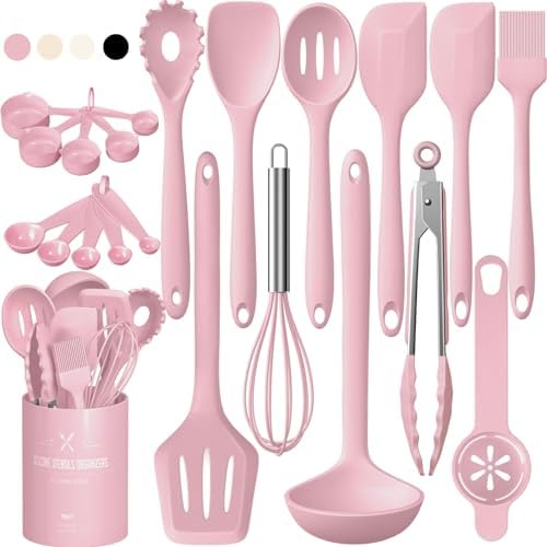 Silicone Kitchen Cooking Utensils Set, Umite Chef 22Pcs Heat Resistant Kitchen Utensils, Spatula, Spoon, Whisk, Dishwasher Safe Kitchen Utensil Gadgets Tools Set for Nonstick Cookware(Khaki)