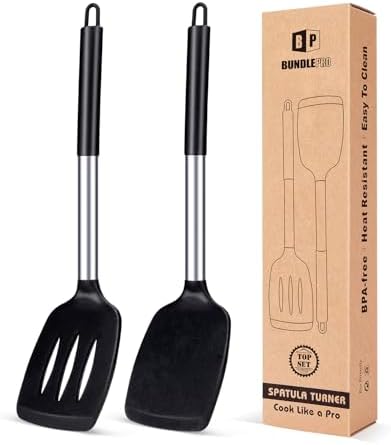 Pack of 2 Silicone Slotted Spatula,Non Stick Solid Kitchen Turner, High Heat Resistant BPA Free Cooking Utensils for Fish, Eggs, Pancakes（Black