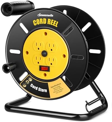 DEWENWILS Extension Cord Storage Reel with 4-Grounded Outlets, Heavy Duty Open Cord Reel for 12/3,14/3,16/3 Gauge Power Cord, Hand Wind Retractable, 10A Circuit Breaker, Rocker Power Switch