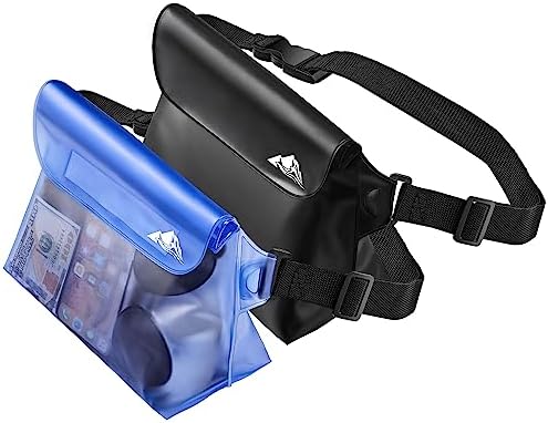 HEETA 2-Pack Waterproof Pouch with Waist Strap, Screen Touchable Dry Bag with Adjustable Belt for Phone Valuables for Kayaking Swimming Snorkeling Boating Fishing Surfing Beach (Black & Blue)