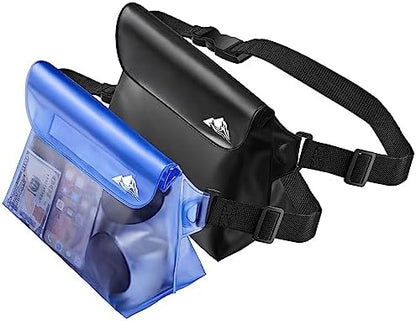 HEETA 2-Pack Waterproof Pouch with Waist Strap, Screen Touchable Dry Bag with Adjustable Belt for Phone Valuables for Kayaking Swimming Snorkeling Boating Fishing Surfing Beach (Black & Blue)