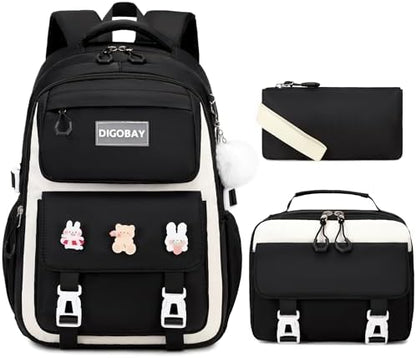 DIGOBAY Girls Backpack, School Backpack for Girls with Lunch Box Pencil Case Set for Teen Kids Girl Elementary Primary Middle High College School Bookbag with Cute Pins Pink