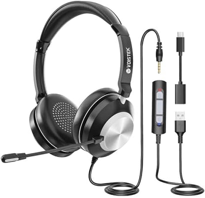 Voistek Computer HeadphonesWired USB C/3.5MM/USB Headset; with Noise Cancelling Microphone & Volume Controls Compatible with PC,Laptop,Mac,iPad,Home,Office,Meeting,Skype,Zoom(882F)