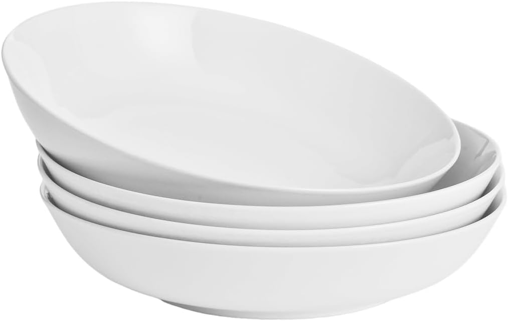 WishDeco White Pasta Bowls Set of 4, Porcelain Salad Bowls 37 oz / 1100 ml, Wide and Shallow Serving Bowl 9 Inch / 23 cm, Large Pasta Plates, Serving Dishes for Soup, Dinner, Microwave Safe