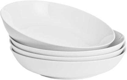 WishDeco White Pasta Bowls Set of 4, Porcelain Salad Bowls 37 oz / 1100 ml, Wide and Shallow Serving Bowl 9 Inch / 23 cm, Large Pasta Plates, Serving Dishes for Soup, Dinner, Microwave Safe