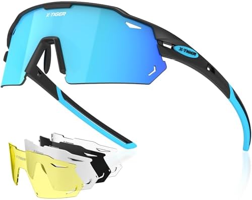 X-TIGER Polarized Cycling Glasses with 5 Interchangeable Lenses,MTB Biking Baseball Running Sports Sunglasses for Men Women