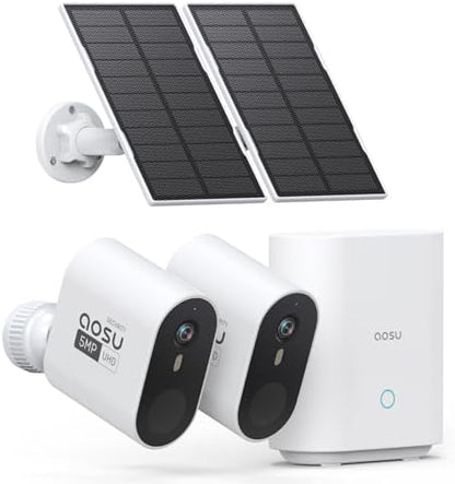 AOSU 5MP/3K Solar Security Cameras System 2-Kit, No Monthly Fee, 32GB Homebase Local Storage, 166° Ultra-Wide Angle Security Camera Wireless Outdoor, Forever-Solar Powered, Color Night Vision