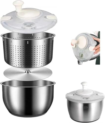 Salad Spinner, Large Stainless Steel Vegetable Washer, 5.3 Qt Plastic Lid for Washing Pasta and Fries, Durable Kitchen Tool